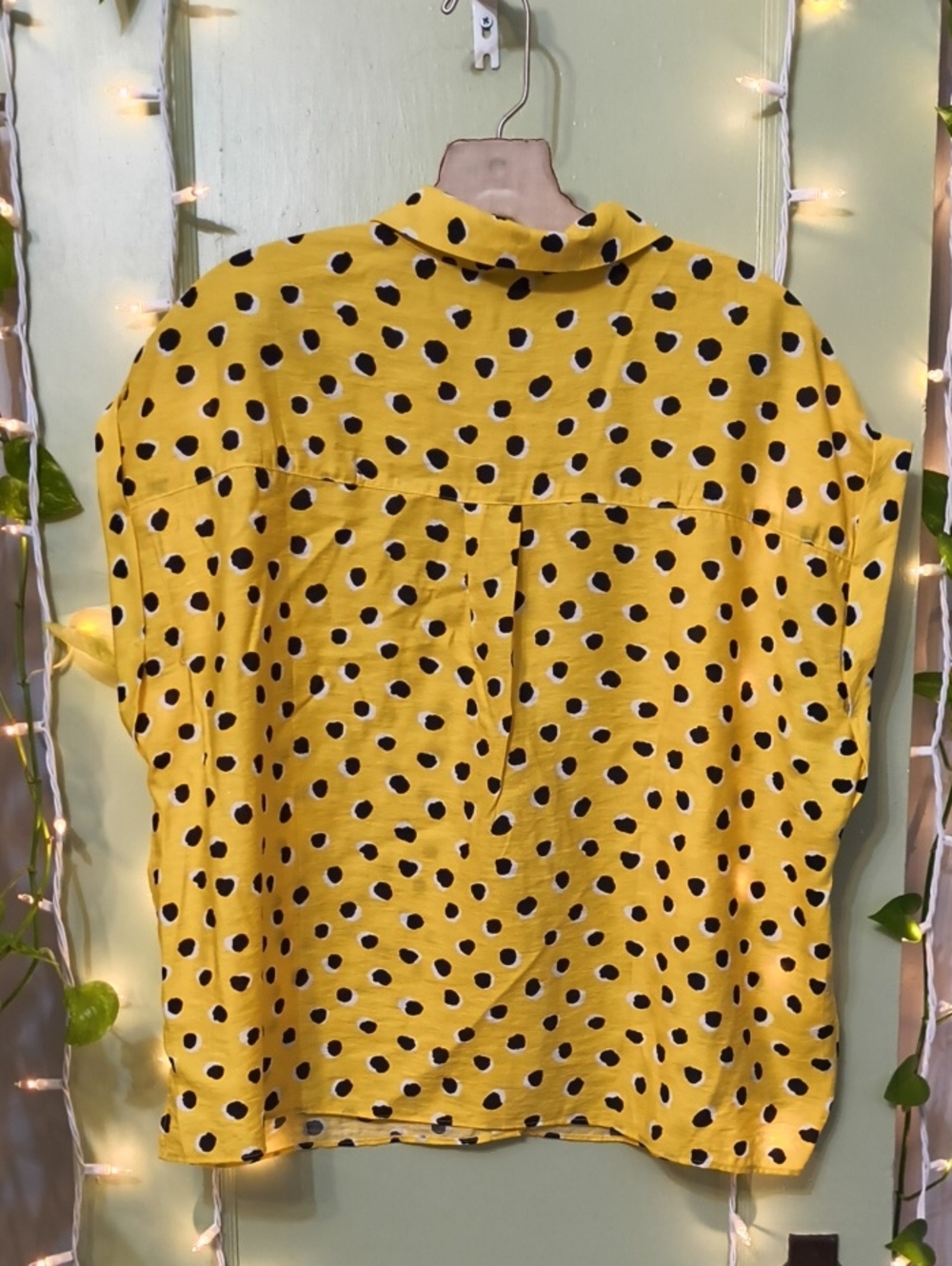 Women's Splash Yellow Black Polka Dot Oversized Crop Button Up Top XL - Picture 7 of 8